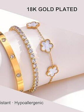 18K Gold Plated Bracelet Set 3 Pieces Bangle Tennis Flower Hypoallergenic NEW